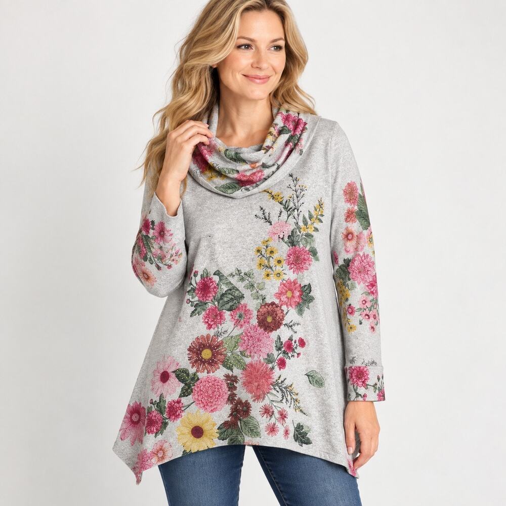 Cactus + Pearl Tunic Sweater Women XXL Floral Cowl Neck Boho Gray Pink